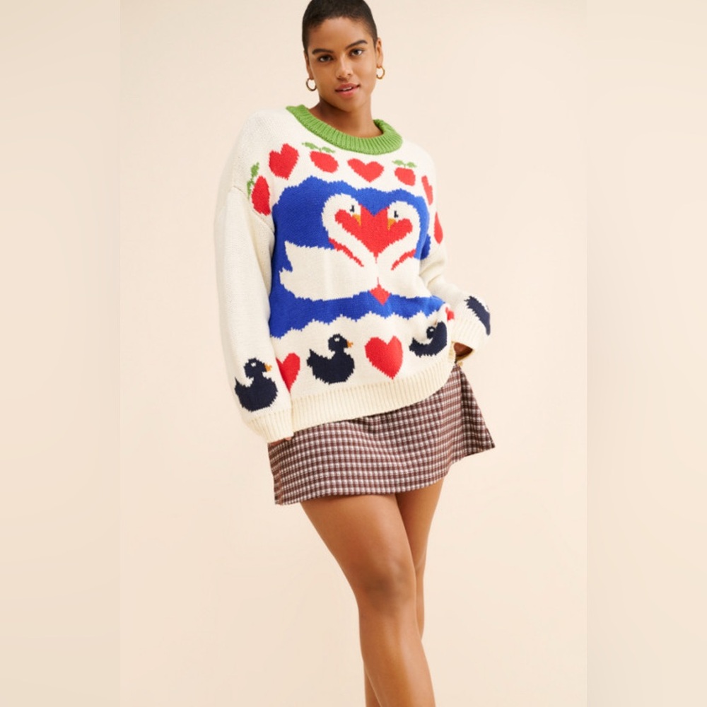Anthropologie White and Blue swan Sweater